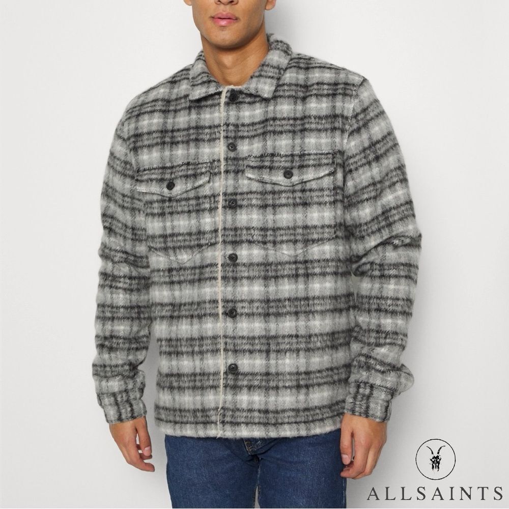 All Saints **NWT** Anvik Sherpa-Lined Wool Blend Check Plaid Jacket Light Grey